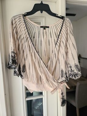 Black Wrap-Front Embroidered Blouse in Light Blush
